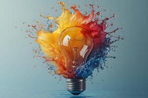 Creative Explosion of Colorful Paint Splashing Around Light Bulb for Innovation Concept photo