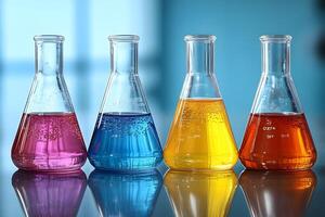 Colorful Chemistry Experiment with Four Erlenmeyer Flasks Filled with Vibrant Liquids photo