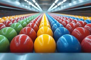 Colorful Confectionery Production Line with Bright Candy Coated Balls in Factory photo