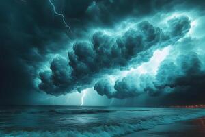 Dramatic Thunderstorm Over Ocean with Lightning Strikes and Turbulent Waves photo