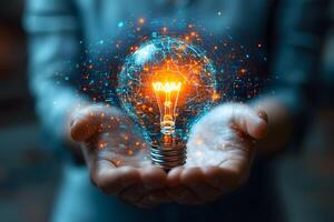 Innovation and Global Connectivity Concept with Glowing Light Bulb in Hands photo