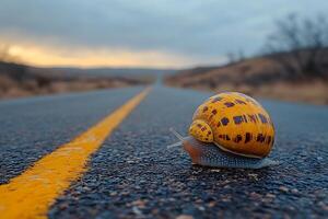 Snail on Deserted Road Journey and Exploration at Sunset photo