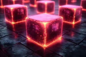 Futuristic Neon Cubes on Grid Surface Digital Technology and Sci-Fi Design Concepts photo