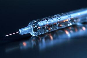 Close-up of Medical Syringe with Needle on Reflective Surface for Healthcare Design photo