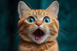 Surprised Ginger Cat with Bright Blue Eyes Against Teal Background photo