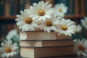 Daisies and Books Nature and Knowledge Blend for Tranquil Inspiration photo