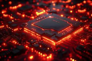 Futuristic Technology Concept - Glowing Red Microchip on Circuit Board - Digital Innovation for AI Design photo