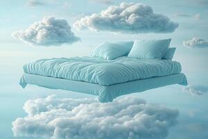 Surreal Dreamscape Floating Bed Amongst Clouds - Imaginative Concept for Serenity and Tranquility photo