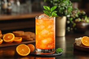 Refreshing Citrus Cocktail with Mint Garnish in a Cozy Bar Setting photo