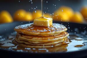 Stack of Fluffy Pancakes Drizzled with Syrup and Melting Butter photo