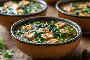 Nutritious Vegan Soup with Tofu and Vegetables in Rustic Bowls - Healthy Meal Option for Winter Comfort photo