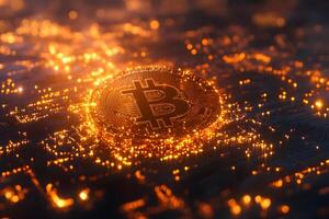 Bright Glowing Bitcoin on Digital Network - Cryptocurrency and Blockchain Technology Concept photo