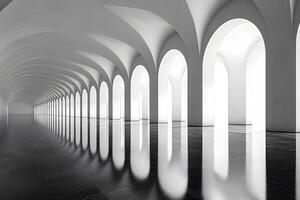 Modern Architectural Design with Endless White Arches and Reflective Black Floor photo