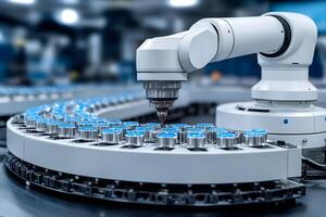 Advanced Robotic Arm in Modern Factory Setting for Industrial Automation and Manufacturing photo