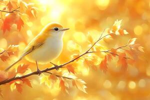 Golden Autumn Scene Yellow Bird on Branch Surrounded by Warm Bokeh photo