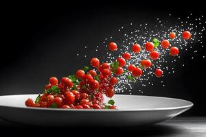 Dynamic Culinary Art Cherry Tomatoes and Herbs with Salt Splash on Black Background photo
