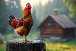 Majestic Rooster on Wooden Stump with Rustic Cabin Background photo