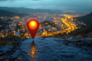 Glowing Location Marker at Dusk Overlooking a Vibrant Cityscape photo