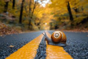 Fall Serenity Snail on Autumn Road - Nature's Slow Journey photo
