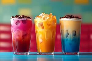 Colorful Assorted Iced Beverages Against Vibrant Backdrop for Summer Refreshment photo