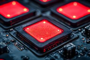 Futuristic Technology Circuit Board with Glowing Red Microchips for Tech Innovations photo