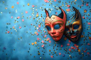 Vibrant Venetian Masquerade Masks with Colorful Confetti on Blue Background for Festive Celebrations photo