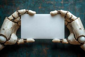 Futuristic Robotics Artificial Hands Holding Blank Card for Design and Communication photo