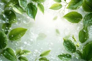 Refreshing Green Leaves and Bubbles on Light Background - Nature Concept for Eco-Friendly Designs photo