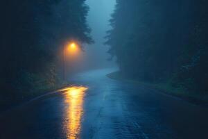 Enigmatic Foggy Road at Night with Illuminated Streetlamp for Mysterious Design photo