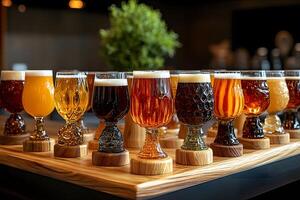 Diverse Craft Beer Selection on Display in a Rustic Brewery Setting photo