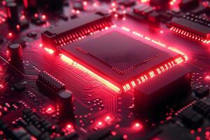 Futuristic Circuit Board with Glowing Red LED Lights for Tech Innovation Design photo