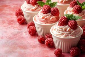 Raspberry Mousse Cups with Fresh Berries and Mint on Pink Textured Background photo