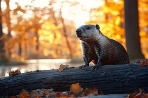 Autumn Wildlife Scene with River Otter in Forest Setting for Nature and Animal Lovers photo