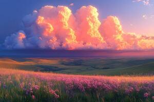 Sunset Over Meadow with Majestic Clouds and Blooming Flowers in Idyllic Landscape for Print or Poster photo