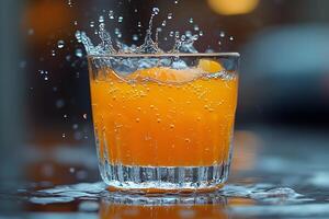 Fresh Orange Juice Splash with Ice in Glass - Refreshing Beverage Concept for Advertisement photo