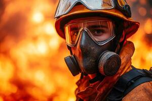 Brave Firefighter Facing Intense Flames in Protective Gear for Safety and Rescue Operations photo