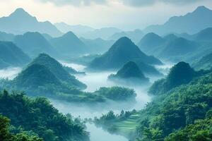 Misty Mountain Landscape with Lush Greenery and Serene River in Tranquil Morning Light photo