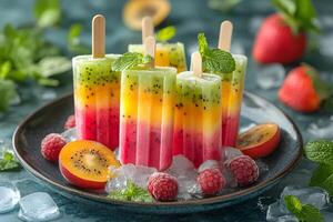 Tropical Fruit Popsicles Display on Ice with Fresh Berries for Summer Refreshment photo