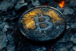 Bitcoin Cryptocurrency Concept on Charred Surface - Blockchain Technology and Digital Currency photo