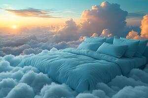Dreamlike Bed in the Sky Amidst Fluffy Clouds at Sunset Surreal Concept for Relaxation and Imagination photo