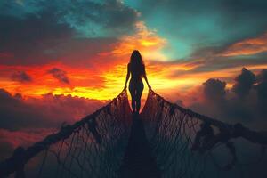 Silhouette Woman on Sky Bridge at Sunset for Inspirational Journey Concept photo