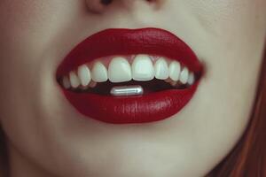 Close-Up of Red Lips with Capsule Pill for Health and Beauty Concepts photo