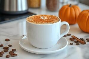 Autumn Pumpkin Spice Latte with Cinnamon and Coffee Beans on Marble Counter photo