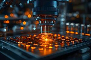 High-Tech Microscope Examining Circuit Board for Electronics Research and Development photo