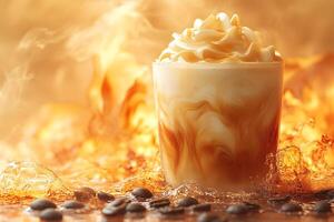 Refreshing Iced Coffee with Cream Amidst Fiery Background for Beverage Promotion photo