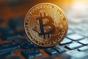 Bitcoin Cryptocurrency Concept on a Digital Circuit Board Background for Financial Technology photo