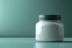 Minimalist Glass Jar with Lid on Turquoise Background for Design and Branding photo