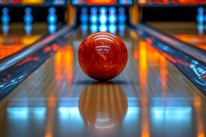 Striking Bowling Scene with Vibrant Red Ball in a Modern Alley Setting photo