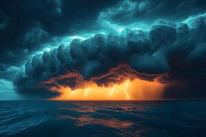 Dramatic Ocean Thunderstorm with Striking Lightning and Illuminating Clouds photo