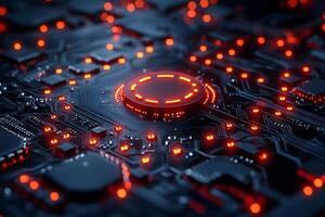 Futuristic Circuit Board with Glowing Red Lights - Technology Concept for Innovation and Design photo